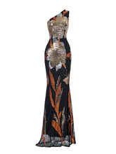 One Shoulder Floral Sequin Prom Dress